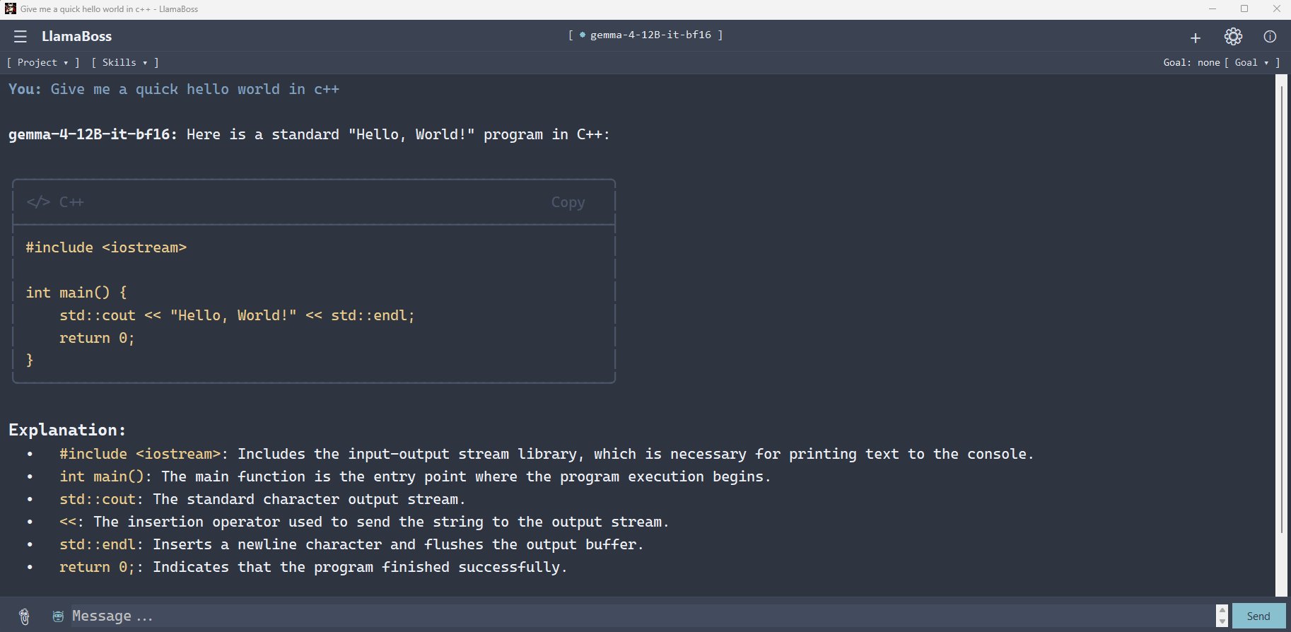 The LlamaBoss app showing a chat with a local model answering a C++ question, with a formatted code block and explanation.